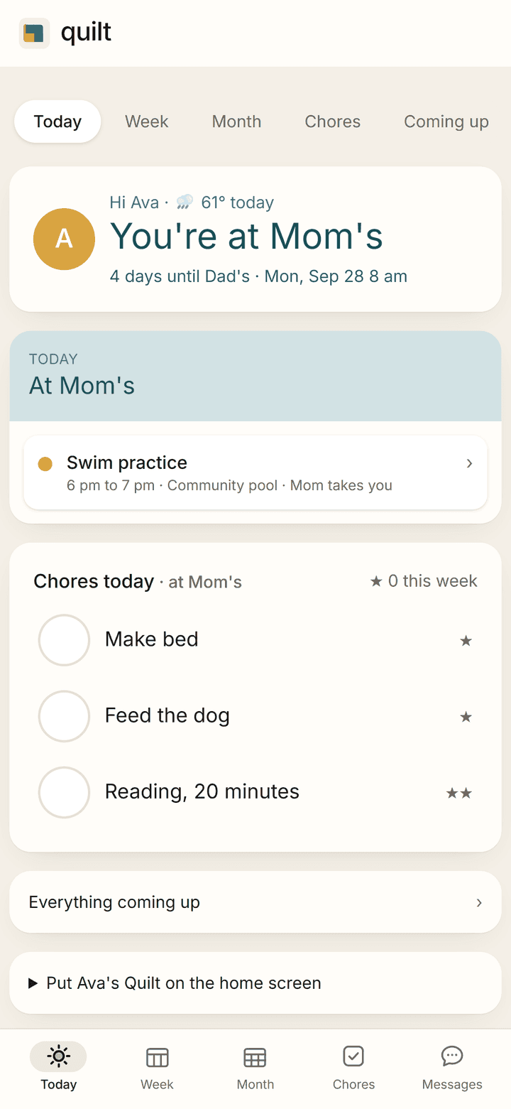 Ava's Quilt on her tablet: You're at Mom's, swim practice tonight, today's chores